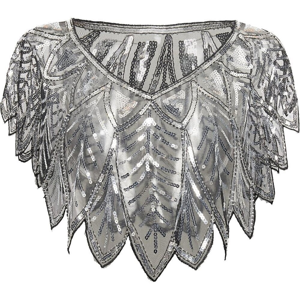 BABEYOND 1920s Silver Black Shawl Wrap Evening Cape Bridal Bolero Flapper Cover